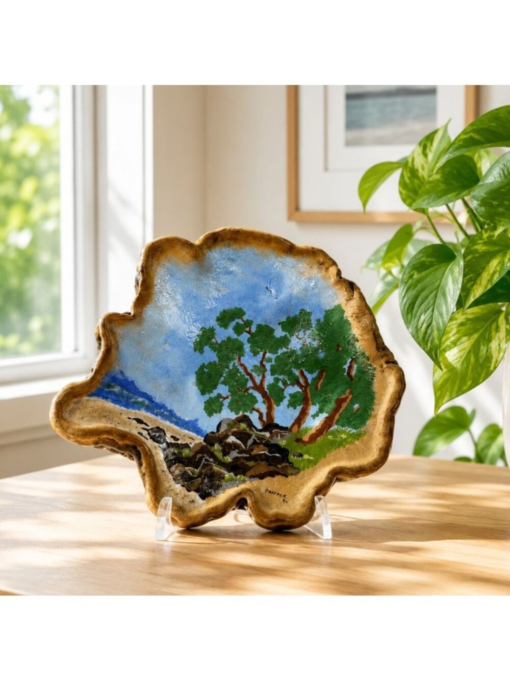 Vintage Hand Painted Ceramic Dish Scenic Landscape Bowl Rustic Art Pottery Decor